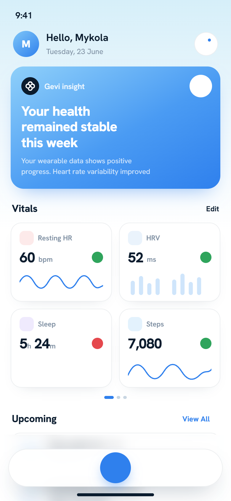 Gevi app home screen: weekly insight, vitals and recent activity
